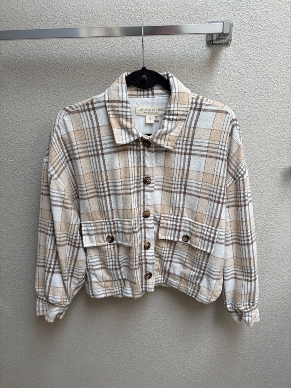 saltwater LUXE Beige and White Plaid Cropped Button Jacket